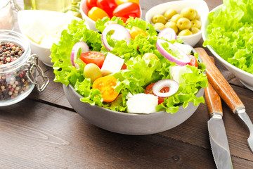 Green salad with feta cheese. Close up