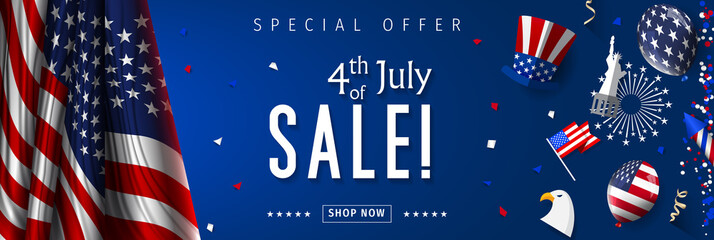 Banner for 4th of July Sale design. Independence day sale with 3d percent symbol. Vector illustration for business promotion.