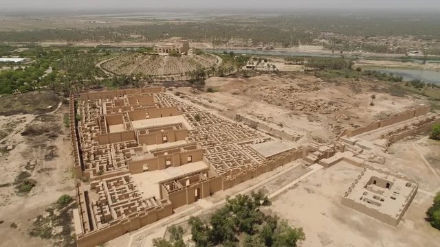Drone shot of the ancient city of Babylon in Iraq
