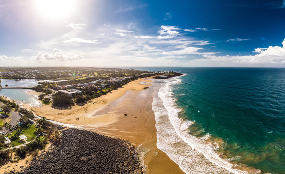 Aerial drone view of Bargara beach and surroundings, Queensland, Australia