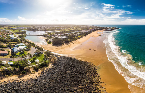 Aerial drone view of Bargara beach and surroundings, Queensland, Australia