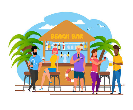 Tourists Group Having Rest at Beach Bar Cartoon
