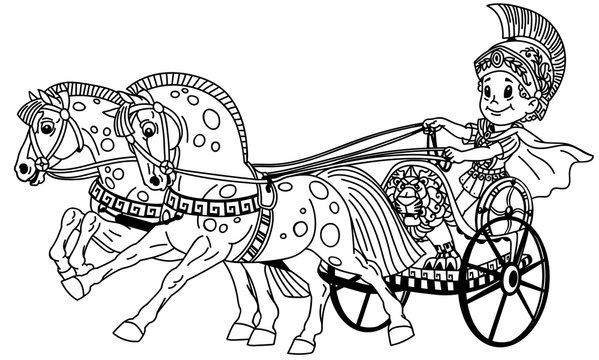 Cartoon Boy Warrior In A Roman Chariot Pulled By Two Horses. Black And White Outline Vector Illustration. Coloring Page For Little Kids