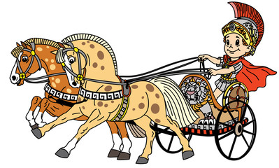 Fototapeta na wymiar cartoon boy in a roman war chariot pulled by two horses. Vector illustration for little kids