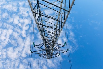 Power lines on metal pillars against a blue sky with clouds, bottom view