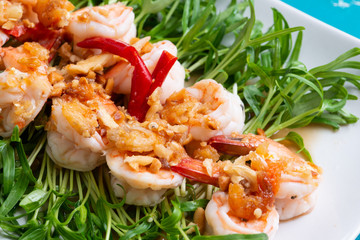 Water spinach sprout spicy salad with shrimp