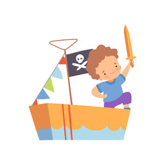 Creative Boy Character Playing Pirates, Cute Kid Playing Ship Made of Cardboard Boxes Cartoon Vector Illustration