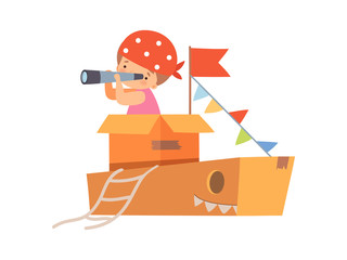Creative Kid Character Playing Ship Made of Cardboard Boxes, Cute Boy Captain Looking Forward Through Spyglass Cartoon Vector Illustration
