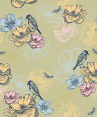Seamless wallpaper with flowers and birds. Floral background, vector illustration. - 274384325