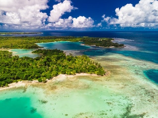 Drone view of small islands and lagoons, Efate Island, Vanuatu, near Port Vila