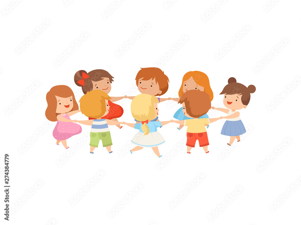 Sticker Kids Dancing in Circle Holding Hands, Cute Happy Boys and Girls Playing Together Cartoon Vector Illustration