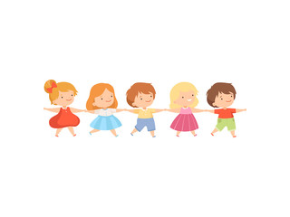 Obraz na płótnie Canvas Kids Standing Together Holding Hands, Cute Little Boys and Girls Cartoon Vector Illustration