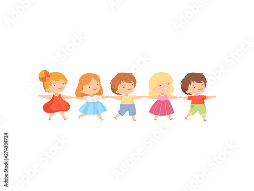 Kids Standing Together Holding Hands Cute Little Boys And Girls Cartoon Vector Illustration Wall Mural Topvectors