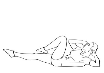 Sporty woman pumps the abdominals. ABC exercise. Fitness concept hand drawn silhouette. Abstract isolated contour. Vector outlines. Black lines drawing.