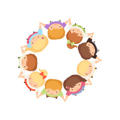 Kids Standing in Circle Holding Hands, Cute Preschool Boys and Girls Having Fun Together, Top View Cartoon Vector Illustration