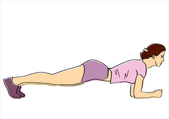 Sporty woman doing plank. Fitness concept hand drawn colorful illustration. Isolated contour and pastel colors. Abstract drawing. Vector sport cartoon.