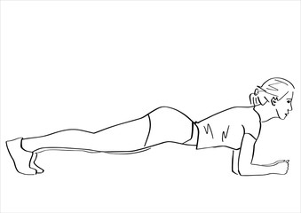 Sporty woman doing plank. Fitness concept hand drawn silhouette. Abstract isolated contour. Vector outlines. Black lines drawing.