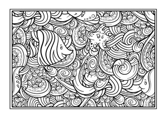 Vector sea creatures doodle background. Adult coloring page with undersea world.