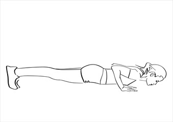 Sporty woman doing push-ups or plank. Fitness concept hand drawn silhouette. Abstract isolated contour. Vector outlines. Black lines drawing.