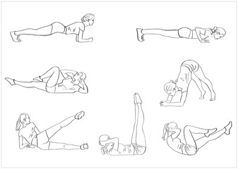 Set of female fitness exercises. Fitness concept hand drawn silhouette. Abstract isolated contour. Vector black outlines.