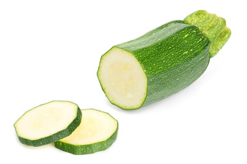 fresh green zucchini slices isolated on white background.