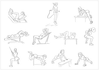 Set of female fitness exercises. Powerlifting, abc, push-ups, squats, skipping. Fitness concept hand drawn silhouette. Abstract isolated contour. Vector black outlines.