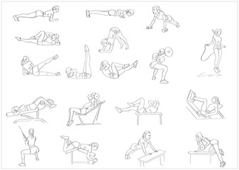 Set of female fitness exercises. Powerlifting, plank, abc, push-ups, squats, skipping. Fitness concept hand drawn silhouette. Abstract isolated contour. Vector black outlines.