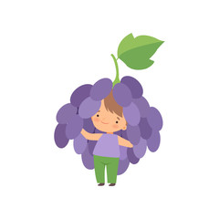 Cute Little Boy Wearing Grape Berry Costume, Adorable Kid Cartoon Character in Carnival Clothes Vector Illustration