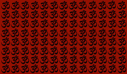 Dark Red Background with Traditional Indian symbols: mantra, om, ganesh. Seamless pattern with Spiritual Yoga Symbol of Om, Aum ,Ohm India symbol Meditation, yoga mantra hinduism buddhism zen, icon.