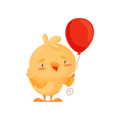 Cute chicken with a balloon. Vector illustration on white background.