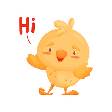 Cute little chick welcomes. Vector illustration on white background.