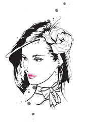 Beautiful young woman with hairstyle and expressive look. Fashion sketch. Fashion girls face. Hand-drawn fashion model. Woman face on a white background. Cosmetics.