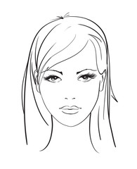 Beautiful young woman with hairstyle and expressive look. Fashion sketch. Fashion girls face. Hand-drawn fashion model. Woman face on a white background. Cosmetics.