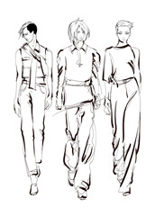 Fashion models sketch hand drawn , stylized silhouettes isolated.Vector fashion illustration set.