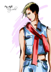 Beautiful young women in a denim suit and a red scarf. Hand drawn fashion girl. Fashion model posing. Sketch. Vector illustration.