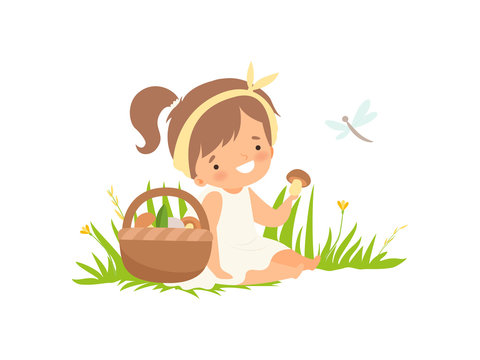 Cute Happy Girl Picking Up Mushrooms on Green Meadow, Adorable Little Kid Cartoon Character Playing Outside Vector Illustration