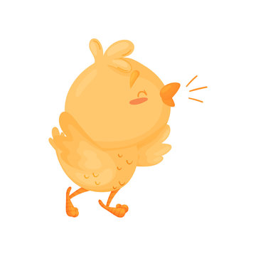 Cartoon chicken sings. Vector illustration on white background.
