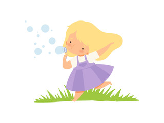 Cute Happy Girl Blowing Soap Bubbles on Green Meadow, Adorable Little Kid Cartoon Character Playing Outside Vector Illustration