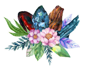 Watercolor Crystal cluster and Gemstone and Stone foliage botanical leaves bouquet ornament on white Background