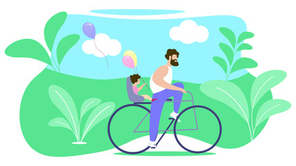 Father Rolls Child on Bike Vector Illustration.