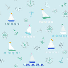 Seamless background with sailing ships on waves, anchor, rudder, flock of birds, sea theme print, fabric