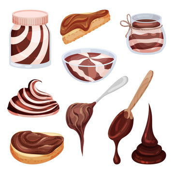 Set of images of chocolate paste. Vector illustration on white background.
