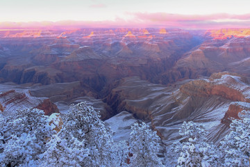 South rim of the Grand Canyon in Winter during sunset