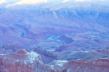 South rim of the Grand Canyon in Winter during sunset