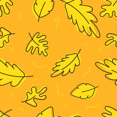 line tropical leaves in summer seamless pattern on yellow background use for print on textile or paper