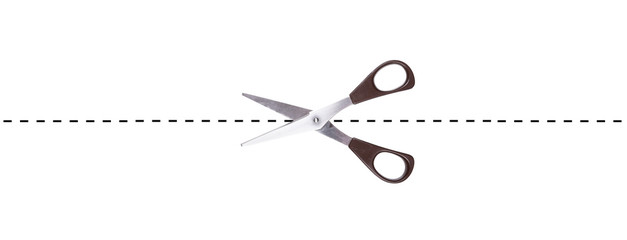 pair of paper scissors cutting along broken line - cut here design element isolated on white...
