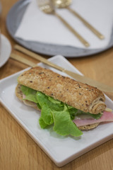 Delicious ham and cheese sandwich on white plate
