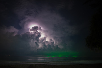 Night scape of great storm in sea