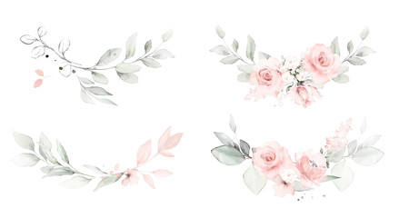 Set watercolor arrangements with roses. collection garden pink flowers, leaves, branches, Botanic  illustration isolated on white background.