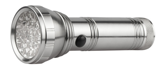 Close-up of a flashlight, isolated on white background